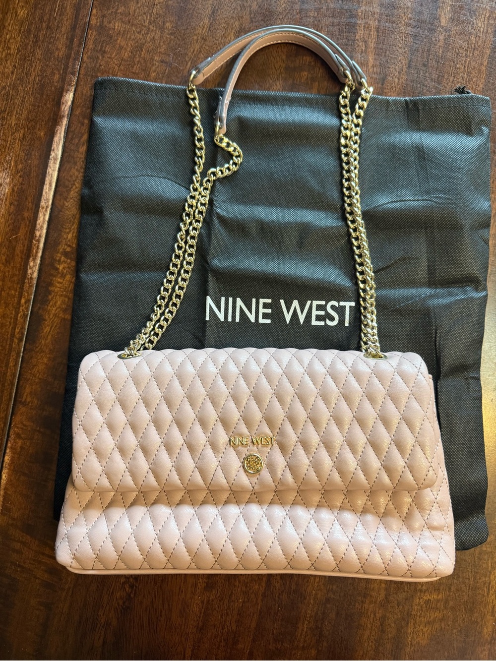 Nine West Quilted Shoulder Bag in Pale Pink with Gold Chain
